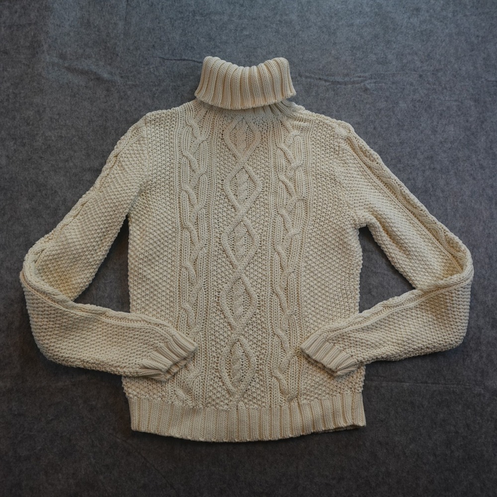 Ralph Lauren Sweater Women Medium Cream Cable Knit Cotton Turtleneck Fisherman - Picture 2 of 8